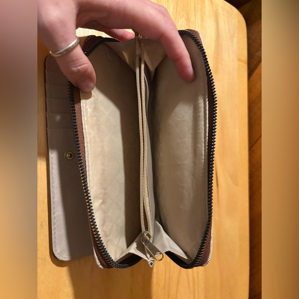 Neutral Stripe Zip Around Wallet Brown Trim Canvas Clutch - Picture 5 of 8